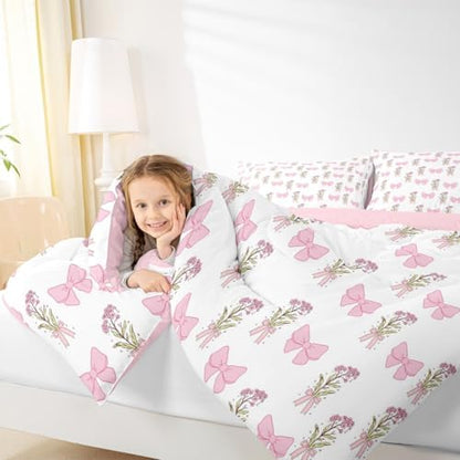 Castle Fairy Pink Bowknot Comforter Set Toddler Size,Vintage Farmhouse Pink Floral Bedding Set,Kids Teens Adult Room Decor,Dreamy Girly Style Down Comforter,2 Pcs 1 Pillowcase