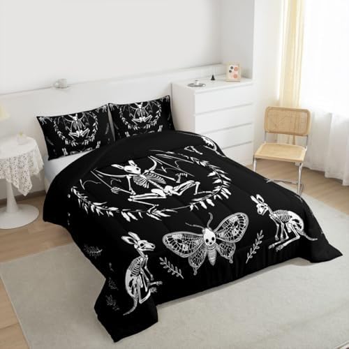 Feelyou Skull Comforter Set Bat Skeleton Comforter Boho Moth Gothic Skull Bedding Set for Kids Boys Girls Adults Halloween Themed Duvet Set Soft Horror Room Decor King Size Quilt Boys