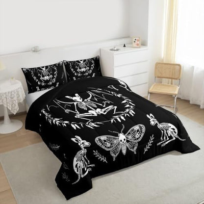 Feelyou Skull Comforter Set Bat Skeleton Comforter Boho Moth Gothic Skull Bedding Set for Kids Boys Girls Adults Halloween Themed Duvet Set Ultra Soft Horror Room Decor Queen Size Quilt Set