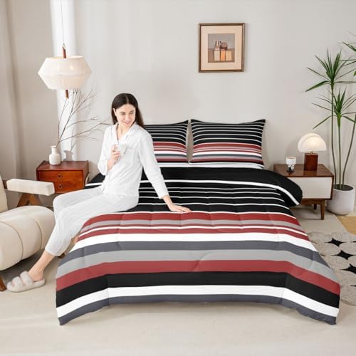 jejeloiu Black Red Gray Stripes Bedding Set Soft for Boys Girls, Geometric Comforter Set Full Size Modern Duvet Quilt Microfiber Luxury Bedroom Decor 3 Pcs with 2 Pillow Cases