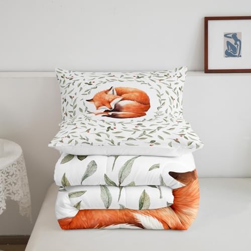 Manfei Lovely Fox Comforter Set King Size, Cartoon Animal Theme Quilt Set with 2 Pillowcases, Botanical Floral Leaves Print Bedding Set 3pcs for Kids Boys Girls Bedroom Decor