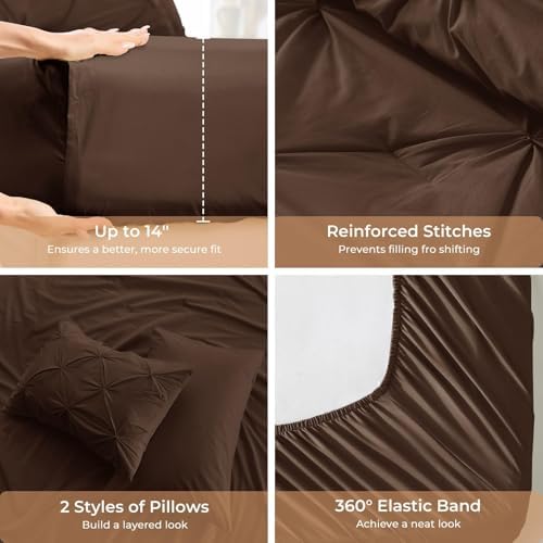 Sasttie Twin XL Comforter Set, 5-Piece Bed in a Bag, Pintuck Bedding Sets for All Season, Includes Comforter, Flat Sheet, Fitted Sheet, Pillowcase and Pillowsham, Dark Brown