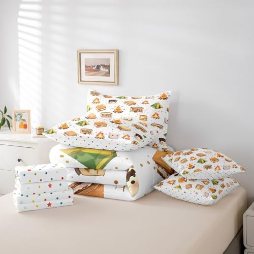 Erosebridal 7 Pcs Camper Bed in A Bag Full for Kids,Happy Camping Bunk Comforter Set with Sheets,Rv Car Bedding Accessories for Travel Trailers,Cute Campfire Dessert Adventure Bed Set