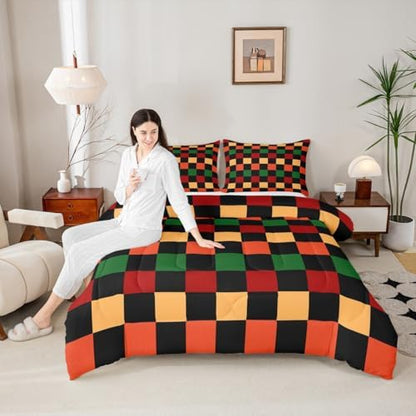 Feelyou Checkered Retro Comforter Set All Season Geometric Vintage Bedding Set with 1 Pillow Cases Red Green Orange Kids Twin Bedclothes Modern Groovy Aesthetic Bedroom Decor Duvet Quilt