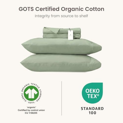 BIOWEAVES 100% Organic Cotton Sheets, 300 Thread Count 4-Piece GOTS Certified Bed Sheet Set Fits Mattress Upto 17" Deep Pocket, Soft & Silky Sateen Weave (Full, Basil)