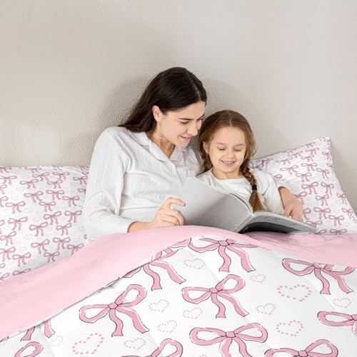 jejeloiu Bowknot Comforter Set Pink Bow Bedding Set Bow-tie Kids Queen