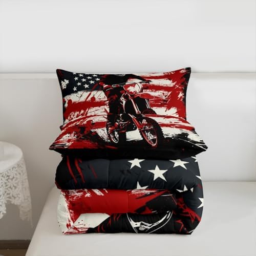 Feelyou Motocross Bedding Set Soft for Boys Girls,American Flag Pattern Comforter Set Queen Dirt Bike Duvet Quilt Red Splatter Elements Bedroom Decor Motorbike 3 Pcs with 2 Pillow Cases