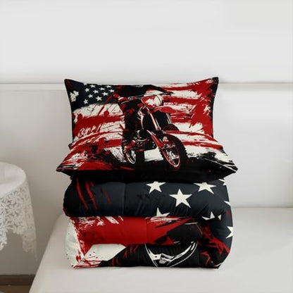 Feelyou Motocross Bedding Set Soft for Boys Girls,American Flag Pattern Comforter Set Queen Dirt Bike Duvet Quilt Red Splatter Elements Bedroom Decor Motorbike 3 Pcs with 2 Pillow Cases