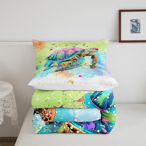 Castle Fairy Sea Turtle Comforter Set King Size,Watercolor Tortoise Butterfly Bedding Set for Girls Teens Bedroom Present,Girly Dreaming Style Soft Chic Quilted Duvet with 2 Pillowcases