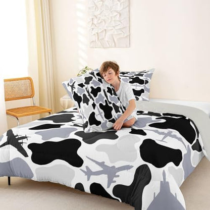 Feelyou Gray Airplane Kids Comforter Set Toddler Size Camouflage Aircraft Bedding Set Camo Military Duvet Quilt for Kids Boys Girls Bedroom Decor Microfiber Ultra Soft Breathable