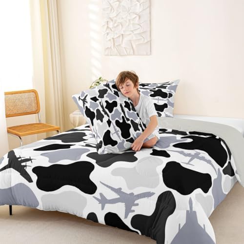 Feelyou Gray Airplane Kids Comforter Set Queen Size Camouflage Aircraft Bedding Set Camo Military Duvet Quilt for Kids Boys Girls Bedroom Decor Microfiber Ultra Soft Breathable