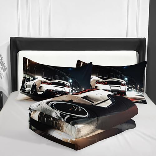 Nttopship Sports Car Comforter Set Twin Size,100% Soft Ultra-fine Fiber Four Season White Racing Car Comforter Set with 1 Comforter and 2 Pillow Case