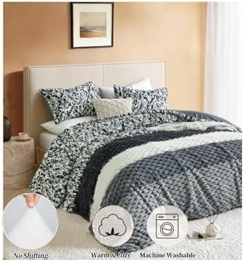 Petrichor Fluffy King Comforter Set - Black and White Striped Faux Fur Blanket for King Bed, Ultra-Soft Warm Bedding for Winter & Fall, Cozy 3 Piece Bed Set (1 Comforter & 2 Pillowcases)