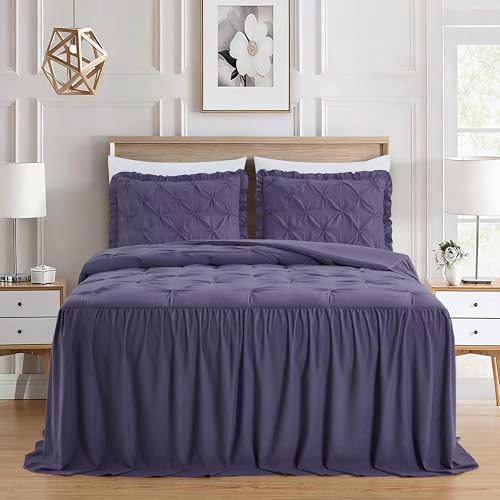 Chezmoi Collection Aria 3-Piece Pintuck Ruffle Skirt Bedspread Set - Lightweight Pinch Pleat Crinkled Texture Microfiber Bedding - French Country Chic Farmhouse - Full, Dusty Purple