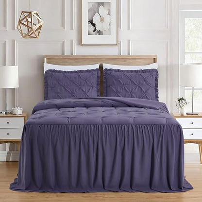 Chezmoi Collection Aria 3-Piece Pintuck Ruffle Skirt Bedspread Set - Lightweight Pinch Pleat Crinkled Texture Microfiber Bedding - French Country Chic Farmhouse - Full, Dusty Purple
