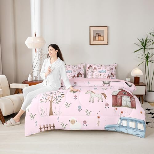 Erosebridal Farm Animal 7 Piece Kids Comforter Set Cartoon Tractor King Bedding Set for Boys Girls Rustic Barn Door Comforter Farmhouse Horse Sheep Cow Cartoon Animals Sunflower Floral Sheets,Pink