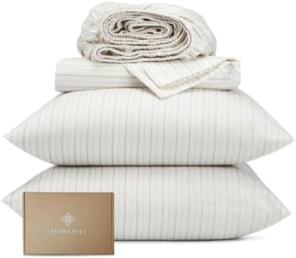 BIOWEAVES 100% Organic Cotton Sheets, 300 Thread Count 4-Piece GOTS Certified Bed Sheet Set Fits Mattress Upto 17" Deep Pocket, Soft & Silky Sateen Weave Twin XL, Natural/Biscotti Stripes