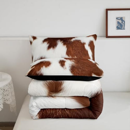 Erosebridal Cowhide Bedding Sets Western Farm Animal Comforter Set Full,Brown White Cow Print Bedding Comforter Set for Kids Boys Girls Teens,Rustic Farmhouse Cow Fur Quilt Duvet Set 2 Pillow Cases