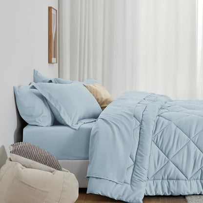 Love's cabin Queen Comforter Set Light Blue, 7 Pieces Queen Bed in a Bag, All Season Bedding Sets with 1 Comforter, 1 Flat Sheet, 1 Fitted Sheet, 2 Pillowcase and 2 Pillow Sham
