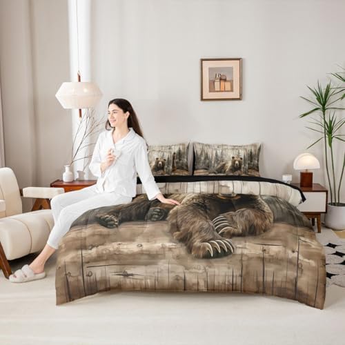 Erosebridal Brown Bear Twin Comforter Set with Sheets 7 Piece Rustic Farmhouse Cabin Bed in A Bag Country Hunting Wildlife Bedding Sets for Women Men Forest Wild Animal Bed Set
