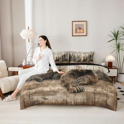 Erosebridal Brown Bear Twin Comforter Set with Sheets 7 Piece Rustic Farmhouse Cabin Bed in A Bag Country Hunting Wildlife Bedding Sets for Women Men Forest Wild Animal Bed Set