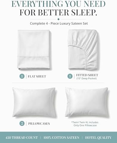 450TC 100% Long-Staple Cotton Queen Sheet Set - Soft Sateen Weave, White