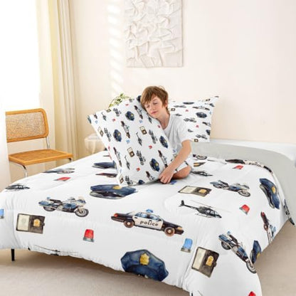 Feelyou Police Car Comforter Set Queen Size Policeman Vehicle Bedding Set for Kids Boys Girls Aircraft Cartoon Car Duvet Quilt Bedroom Decor Microfiber 3 Pcs with 2 Pillow Cases