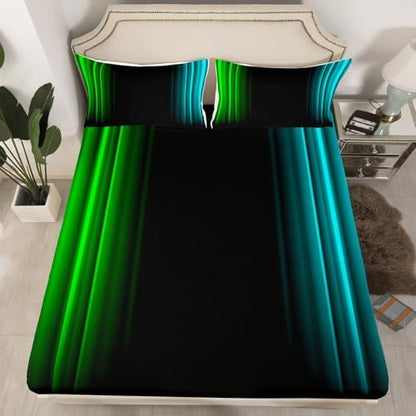 Feelyou Teens Abstract Ombre Decorations Bedding Set for Kids Women Green Teal and Black Bed Sheets Set Geometric Modern Fitted Sheet Sets Room 3Pcs Twin Size