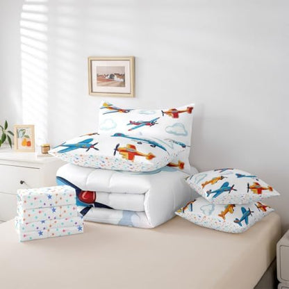 Erosebridal Colorful Aircraft Comforter Set with Sheets King Size, Cartoon Propeller Plane Airplane 7 Pcs Bedding Set, Aviation Theme Bed in A Bag for Boys Kids Girls Adults, White Cloud Bed Sets