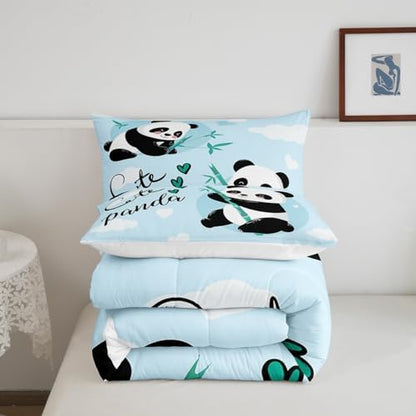 Feelyou Cute Panda Bedding Set Cartoon Panda Comforter Set for Kids Boys Girls Animal Theme Comforter Kawaii Animal Quilt Set Blue 1 Comforter Set with 2 Pillowcases Queen Size