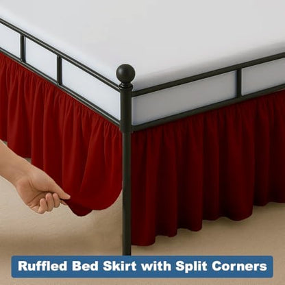 Ruffled Bed Skirt Split Corners with Platform, Tailored Fit Hotel Quality Wrinkle Free Ultra-Soft Microfiber Dust Ruffle, Upto 18 Inch Drop, Full, Burgundy