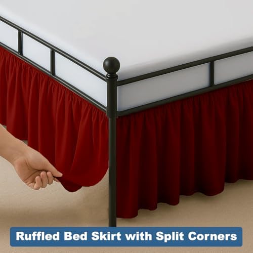 Ruffled Bed Skirt Split Corners with Platform, Tailored Fit Hotel Quality Wrinkle Free Ultra-Soft Microfiber Dust Ruffle, Upto 12 Inch Drop, Twin, Burgundy