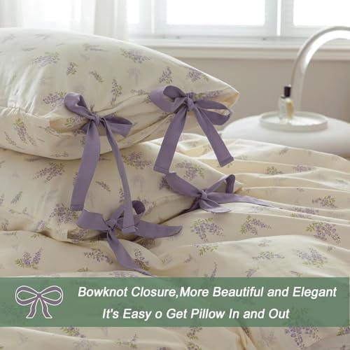VM VOUGEMARKET Purple Flower Duvet Cover Set Full 3 Pieces Cream Duvet Cover with Bow Ties,Cottagecore Bedding Set 100% Cotton Vintage Country Comforter Cover for Teens Girls Without Filling-80 x90