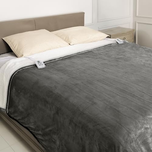 RoyalCraft Heated Blanket King Size with Dual Control, Fast Heating Thorw with 10 Heating Levels & 0.5-12 Hour Auto-Off, ETL Certified, Machine Washable, Soft Flannel and Sherpa, Grey