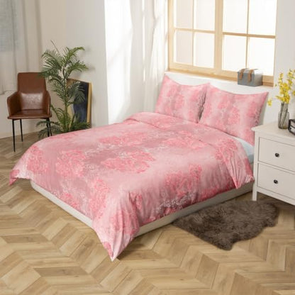 Erosebridal Pink Damask Duvet Cover Set Queen Size Vintage Floral Luxury Comforter Cover Flower Decor Soft Microfiber Women Bedding Set with Zipper Ties Luxury Duvet Cover for Adult Women Men Girls