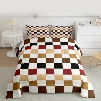 Checkered Geometric Bedding Set for Boys Girls Brown Red Black Plaid Comforter Set Toddler Size Checkerboard Modern Aesthetic Duvet Quilt Reversible Grey Bedroom Decor 2 Pcs with 1 Pillow Cases