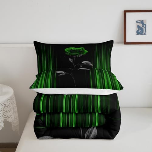 Feelyou Abstract Ombre Comforter Set King Size Kids Romantic Rose Comforter for Boys Girls Teens Green Black Bedding Set Geometric Striped Duvet Set Room Decor Quilt Set