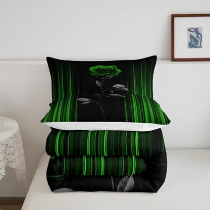 Feelyou Abstract Ombre Comforter Set King Size Kids Romantic Rose Comforter for Boys Girls Teens Green Black Bedding Set Geometric Striped Duvet Set Room Decor Quilt Set