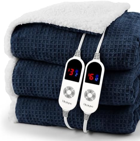 Heated Blanket Electric Blanket Queen Waffle,84x90 Inches Sherpa Fleece Fast Heating Blanket 6 Heating Levels & 10 Hours Auto Off ETL Certification, Navy Queen