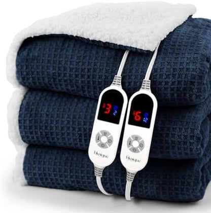 Heated Blanket Electric Blanket Queen Waffle,84x90 Inches Sherpa Fleece Fast Heating Blanket 6 Heating Levels & 10 Hours Auto Off ETL Certification, Navy Queen