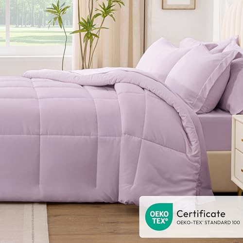 Love's cabin Queen Comforter Set Light Purple, 7 Pieces Queen Bed in a Bag, All Season Bedding Sets with 1 Comforter, 1 Flat Sheet, 1 Fitted Sheet, 2 Pillowcase and 2 Pillow Sham