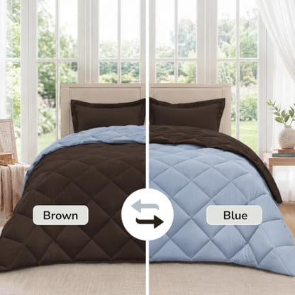 downluxe Queen Comforter Set Soft Reversible 3 Pieces, Brown/Blue