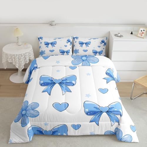 jejeloiu Bow Comforter Set Bowknot Bedding Set White Blue Kids Full Bow-tie