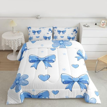 jejeloiu Bow Comforter Set All Season Bowknot Bedding Set with 1 Pillow Cases White Blue Microfiber Kids Toddler Bedclothes Bow-tie Bedroom Decor Duvet Quilt Breathable Soft Lightweight