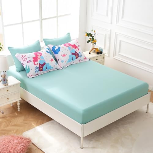 Wajade Kids Mermaids Comforter Set Bed in A Bag Full Size 7 Piece Colorful 3D Cartoon Mermaids Bedding Set for Girls (1 Comforter, 1 Flat Sheet, 1 Fitted Sheet, 2 Pillowcase and 2 Pillow Sham)