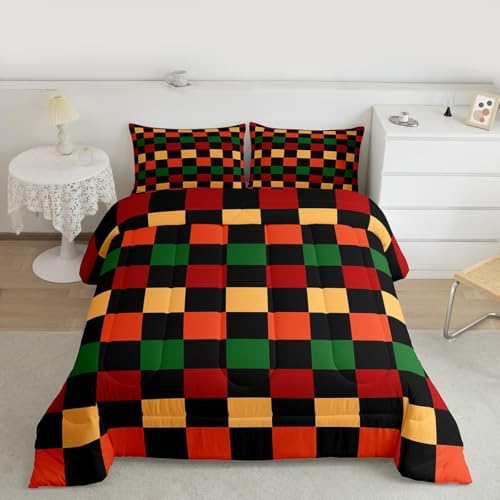 Feelyou Checkered Retro Comforter Set All Season Geometric Vintage Bedding Set with 1 Pillow Cases Red Green Orange Kids Twin Bedclothes Modern Groovy Aesthetic Bedroom Decor Duvet Quilt