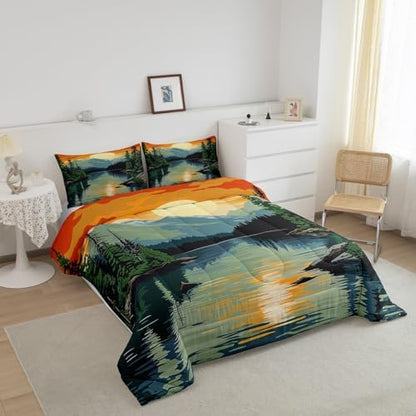 Happy Camping Comforter Set Twin Size,Lake House Adventure Theme Duvet Insert 2Pcs,Mountain River Vintage Bedding Set for Kids Teens Adults Room Decor,Sunset Natural Scenery Quilt Set,1 Pillowcase