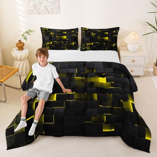 Erosebridal Black Yellow Comforter Set Queen Neon Geometric Checkered Bedding Set for Kids Adults Abstract Stereoscopic Grids Quilt Square Plaid Bed Set 3 Pcs Gamer Room Decor