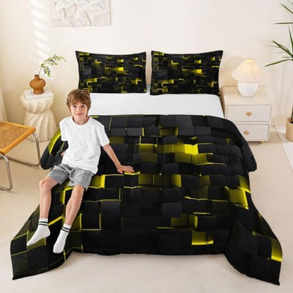 Erosebridal Black Yellow Comforter Set Queen Neon Geometric Checkered Bedding Set for Kids Adults Abstract Stereoscopic Grids Quilt Square Plaid Bed Set 3 Pcs Gamer Room Decor