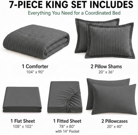 HIMEET King Comforter Set, 7-Piece Seersucker Bed in a Bag, Dark Grey